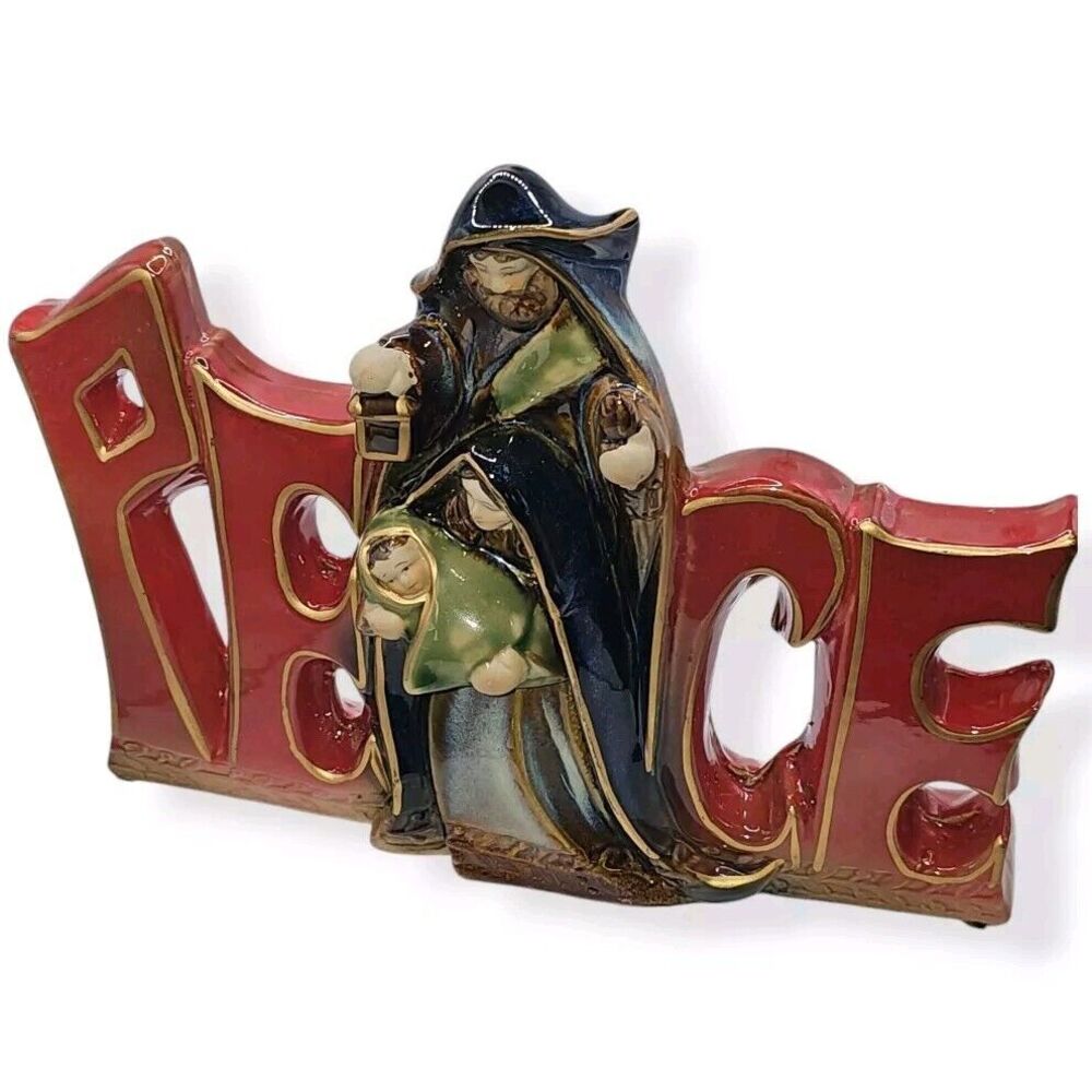 Christmas Red Ceramic PEACE Spellout With Nativity‎ Family Statue Figurine